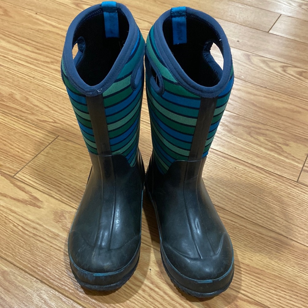 Blue and green striped BOG boots